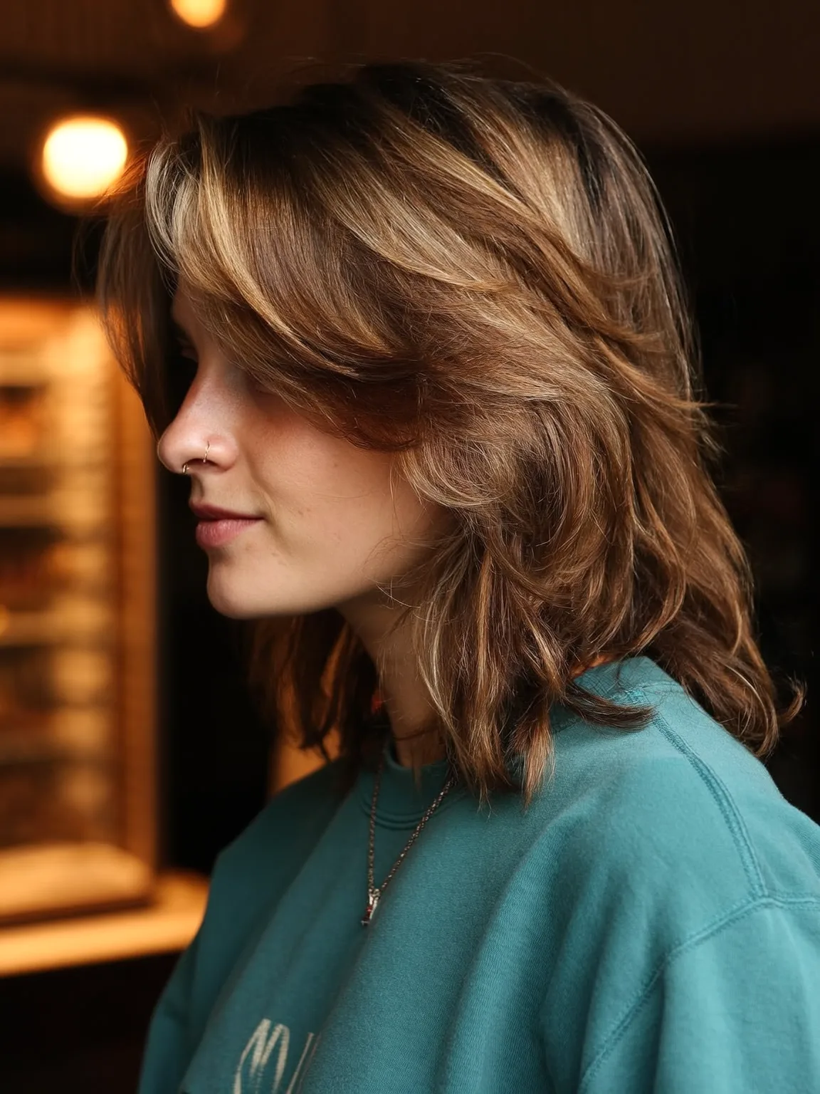 Layered Shag with Honey Highlights and Curtain Bangs